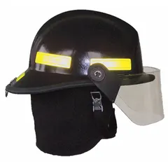 This fire helmet features a black fiberglass shell with a modern rear brim design. It includes a 6-point ratchet suspension system and a chin strap for secure fit. Suitable for structural firefighting and rescue operations requiring head protection.