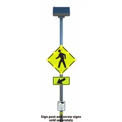 This pedestrian crossing sign is constructed from 0.08 in thick aluminum with Diamond-grade retroreflective sheeting. It meets MUTCD Code W11-2 and features integrated flashing LEDs for enhanced visibility. Typical applications include crosswalks, school zones, and intersections to alert drivers to pedestrian areas.