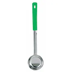 Stainless steel solid portion control spoon with 4 oz capacity and 13 1/2 in overall length. Green color. Used in commercial kitchens to serve consistent portions of solid foods such as rice, vegetables, or batter.