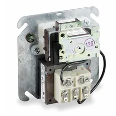 This fan-control relay integrates a transformer and a single SPDT relay in one assembly for HVAC applications. The relay features normally closed and normally open contacts, with a 24V AC coil for low-voltage control signals. It is used to switch power to fan motors in heating, ventilation, and air conditioning systems.