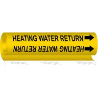 Yellow wrap-around pipe marker with black legend 'Heating Water Return' and directional arrows. Fits pipe outer diameters from 2-1/2 to 7-7/8 inches. Used to identify heating water return lines in piping systems