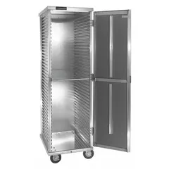This full-size enclosed pan transport cabinet from CRES COR is constructed of gray aluminum with an aluminum top. It accommodates 40 slots with 1 1/2 in spacing between shelves, holds up to 250 lb, and is designed for 18 x 26 in pans. NSF certified, it is suitable for storing and transporting pans in commercial foodservice operations.