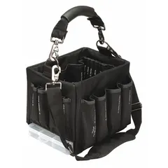 This black polyester tool tote measures 13 inches wide by 10 inches deep by 11 inches high. It offers 42 total pockets, including 22 inside pockets, for organizing hand tools, power tools, and accessories on job sites or in workshops.