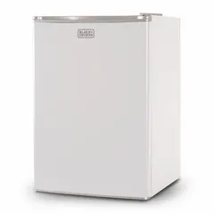 This BLACK & DECKER mini refrigerator offers 2.5 cu ft total capacity with a glass door and manual defrost. It includes two shelves for organizing beverages and snacks. Energy Star Certified for efficiency, it is suitable for compact storage in offices, dorm rooms, or break areas.