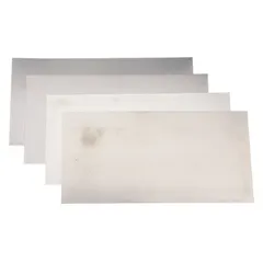 This 8-piece shim stock assortment consists of stainless steel 18-8 plain shims, each 12 inches long and 6 inches wide. Thickness tolerance is +/-0.0001 in, width tolerance +/-0.005 in, and length tolerance +0.125/-0.000 in. Used for precision alignment, gap filling, and leveling in industrial machinery, tooling, and fixturing.