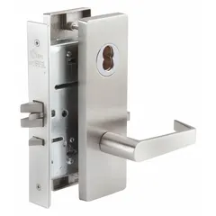 Classroom lever lockset in MR113 Philadelphia style, constructed of stainless steel with a satin stainless steel finish. ANSI function code F06. ADA compliant for accessibility. Suitable for interior doors in educational and commercial facilities where passage function is required.
