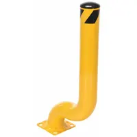 Carbon steel offset bollard with yellow powder-coat finish, 4 1/2 in diameter and 36 1/8 in install height. Bolt-on base for concrete mounting without welding. Used to protect building corners, equipment, and racking from vehicle impact in warehouses and loading docks