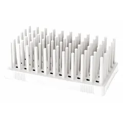 This polypropylene test tube rack holds up to 50 tubes and is designed for benchtop use. It measures 4 1/8 in wide, 2 1/8 in high, and 7 3/8 in long, with a white finish. Suitable for sample storage, processing, and transport in laboratory settings.