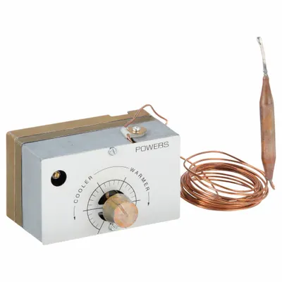 POWERS CONTROLS Unit Mounted Thermostat: 60° to 85°F, 2 Pipes - Single-Temperature Remote-Bulb Sensor Thermostats