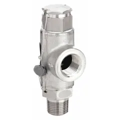 This pressure relief valve is designed for non-code air, inert gas, and liquid applications. It features 1/2 in FNPT x MNPT connections and a stainless steel construction. The valve operates within a temperature range of -60°F to 406°F, providing overpressure protection in industrial piping, compressors, and storage tanks.