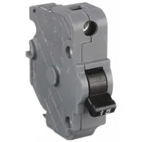 Single-pole miniature circuit breaker rated 15 A at 120V AC with a 10kA interrupting capacity. Compact 1-inch width for use in load centers. Provides overcurrent protection for branch circuits in residential and light commercial electrical panels