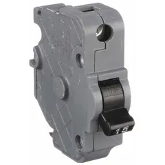 Single-pole miniature circuit breaker rated 15 A at 120V AC with a 10kA interrupting capacity. Compact 1-inch width for use in load centers. Provides overcurrent protection for branch circuits in residential and light commercial electrical panels.