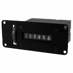 Front-panel-mounting electromechanical counter for totalizing cycles, parts, or events in industrial machinery and production lines. Measures 1 7/8 in x 4 1/2 in, operates on 90 V AC to 115 V AC. RoHS compliant.