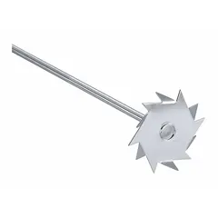Overhead stirrer impeller for mixing, dispersing, and dissolving solids into liquids. Shaft length 13 3/4 in, blade diameter 3 1/8 in, shaft diameter 1/4 in. Compatible with IKA model 0003990001.