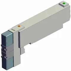 Double-solenoid directional control valve with five-way/four-position configuration. Maximum flow rate of 16.45 scfm. Features plug-in, non-locking design with rubber seals. Operates on 24V DC. Used to direct compressed air in automated pneumatic systems.