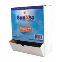 SUNX Sunscreen is a paraben-free lotion with Vitamin E, packaged in unitized 0.25 oz packets (50 per pack). It is used for skin protection against UV radiation in settings where individual single-use doses are convenient