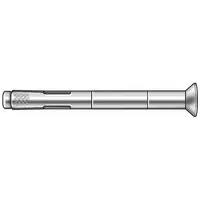 Flat-head sleeve anchor with 3/8 in diameter and 5/16"-18 thread size, made of zinc-plated steel. Used for fastening fixtures, brackets, and equipment to solid concrete, brick, or block. Suitable for indoor and sheltered outdoor applications. Supplied in a 50-pack