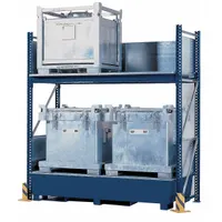 This steel rack with integrated sump stores up to four IBC totes while providing 385 gallons of secondary containment. It measures 55 inches long by 55 inches wide by 120 inches high. Typical applications include chemical processing, manufacturing, and warehousing where spill containment and floor protection are required