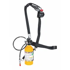 This partial supplied air respirator assembly includes an emergency escape cylinder for general-purpose respiratory protection. It operates on compressed air at 70 to 90 psi and is part of the PremAire Cadet series.