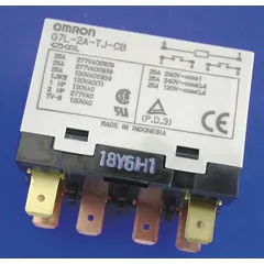 Bracket-mounted power relay with DPST-NO contacts, rated 25 A at 200/240V AC coil voltage. Square base with quick-connect terminals; E-bracket sold separately. Used for switching motors, heaters, and lighting in industrial control panels.