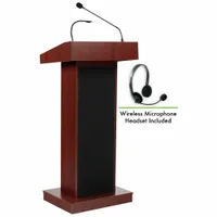Clip-on/mounted laminate sound lectern in mahogany finish. Overall height 46 inches, shelf width 12 inches. Includes built-in amplifier and document rail. Suitable for public speaking, presentations, and lectures in conference rooms, auditoriums, and houses of worship
