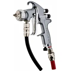 Conventional spray gun with aluminum body for applying stains, dyes, glazes, lacquers, and paints. Features a 1/4 in BSP air inlet and air consumption of 10.9 cfm at 21.8 psi. Suitable for industrial finishing tasks such as woodworking, automotive refinishing, and general manufacturing.