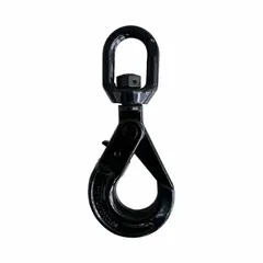 This slip hook is used in rigging and material handling for overhead lifting tasks requiring a swiveling connection. Made of steel with a black finish, it has a grade 80 rating and a material thickness of 3/8 in. No visual indicator markings are present.