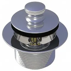 This push-and-pull bathtub drain stopper is constructed from PVC with a chrome-plated silver finish. It has a 2-inch overall diameter and includes a strainer body. Designed for use in residential or commercial plumbing systems, it provides a foot-operated mechanism to seal or open the drain.