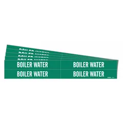 Green adhesive pipe marker with white legend reading 'Boiler Water'. Designed for pipe outer diameters from 3/4 to 2-3/8 inches. Each pack contains 4 markers without directional arrows, sold in a 5-pack quantity. Used to identify boiler water lines in piping systems.