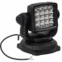 This vehicle remote-controlled spotlight features a black housing and an LED spot beam. It is permanently mounted using screws and operated via a handheld remote controller. Electrical connection is made through blunt cut wires. Suitable for off-road, utility, or emergency lighting on trucks, service vehicles, and industrial equipment.