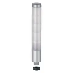 Four-tier tower light assembly with blue, green, red, and white light tiers and an integrated sounder tier. Operates on 24V AC/DC supply. Overall height of 243 mm. Used for visual and audible status indication in industrial automation, machinery, and process control environments.