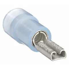 Female quick disconnect terminal with blue nylon partial insulation. Accepts 16 AWG to 14 AWG wire. Used for terminating wires in electrical panels, control cabinets, and industrial machinery.