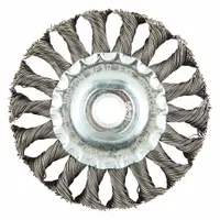 Twisted steel wire wheel brush with 4" diameter, 1/2" width, 5/8"-11 arbor, and 0.02" fill. Designed for heavy cleaning of contoured carbon steel surfaces, removing rust, scale, and weld splatter from irregular shapes. Suitable for metal fabrication, automotive repair, and industrial maintenance