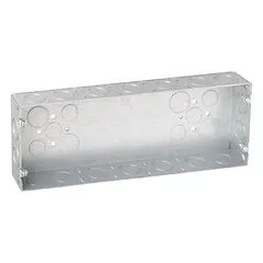 Steel multigang rectangular electrical box with 5 gangs. Designed without clamps or brackets for custom cable entry and mounting. Suitable for housing multiple wiring devices or switches in commercial and industrial installations.