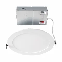 This 8-inch diameter low-profile canless downlight delivers 1800 lumens at 3000K color temperature, consuming 23 watts. It operates on 120 to 277V AC and is dimmable. The fixture is suitable for surface-mount recessed lighting in residential and commercial spaces such as kitchens, offices, and retail areas. Trim color is available separately.