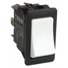 General purpose rocker switch with DPDT contact configuration and two positions: On and Momentary On. Rated for 2 hp. Suitable for industrial machinery and motor control applications requiring momentary switching with a maintained off position.