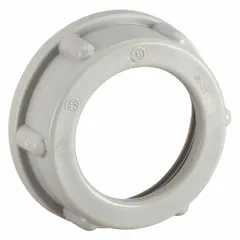 This RACO insulating bushing is a plain, insulated type with a 1-1/2 in trade size and 15/32 in overall length. It is used in conduit systems to protect wire insulation from sharp edges at the end of a conduit or fitting, providing a smooth transition to reduce abrasion and short circuits.