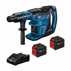 This cordless rotary hammer operates on 18V DC with a 12.0Ah battery, delivering 6.7 ft-lb of impact energy. It accepts SDS-Max bits up to 1-3/16 in diameter and is suitable for drilling and chiseling in concrete, masonry, and stone. The hammer-only unit includes a charger.