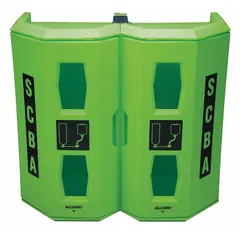 This polyethylene case stores self-contained breathing apparatus (SCBA) in industrial environments. The green cabinet measures 14 inches in length and provides organized protection for breathing equipment in plants, refineries, and emergency response settings.