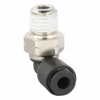 This nylon and nickel-plated brass tube fitting features a Push-to-Connect x MNPT configuration for connecting 1/8 in OD tubing to 1/16 in male NPT ports. The black elbow design provides a compact 90° turn, suitable for pneumatic control systems in industrial automation and material handling applications. Supplied in a 10-pack