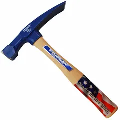 This 16 oz bricklayer's hammer features a steel head with a perpendicular striking face and a 7/8 in face diameter. The 11 in overall length includes a wood handle. It is used for cutting, shaping, and setting bricks and masonry units in bricklaying and general masonry work.