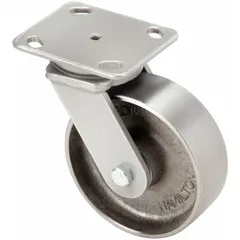 Swivel plate caster with a 6-inch diameter, 2-inch wide steel wheel and ball bearings. Mounting height is 7 1/2 inches. No brake. Suitable for industrial carts, racks, and equipment requiring smooth maneuverability under heavy loads.