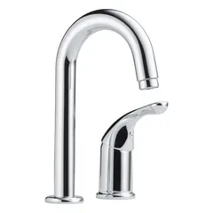 Deck-mount bar faucet with off-centered design and gooseneck spout. Constructed of brass. Flow rate of 1.5 gpm. Requires two mounting holes. Suitable for bar or prep sink installations.