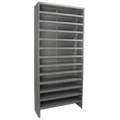 This steel shelving unit from AKRO-MILS is designed for stationary bin storage without bins. It features a gray steel frame, 13 shelves, and an open one-sided configuration measuring 36 inches wide by 18 inches deep by 79 inches high. Suitable for organizing parts, tools, and supplies in warehouses, factories, and maintenance facilities.