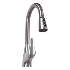 This EZ-FLO single-post kitchen faucet is designed for deck mounting with one hole. It features a brushed nickel finish and a gooseneck design with a pull-out spray head, suitable for residential and light commercial kitchen sinks.