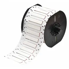 Polyolefin sleeve label roll in white matte finish, measuring 1/4 in x 2 in. Designed for wire identification on 8 AWG to 12 AWG conductors. Compatible with i3300 printer series. Used in industrial settings for marking wires and cables.