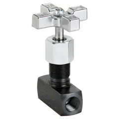 Steel-bodied precision needle valve with 1/4 in NPT connections, rated for 5,000 psi maximum pressure. Manual two-way flow regulation via rotary knob. Used in hydraulic and pneumatic circuits for accurate flow adjustment in fluid power systems, process control, and test stands.