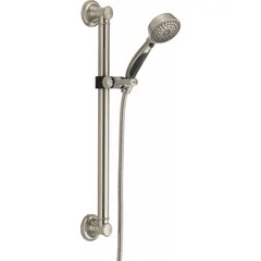 This handheld showerhead from the Touch-Clean series is constructed of stainless steel and offers multiple spray functions. It includes a hose, mounting bracket, and slide bar for flexible positioning. The unit has a flow rate of 1.75 gpm and is suited for residential and light-commercial bathroom applications where targeted rinsing or accessibility is desired.