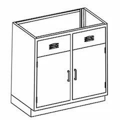This wall-mounted base cabinet is constructed of stainless steel for corrosion resistance and easy cleaning. It measures 35 inches wide by 22 inches deep with a height of 35 1/4 inches, and has no drawers. Suitable for supporting sinks in commercial kitchens, laboratories, or industrial wash areas.
