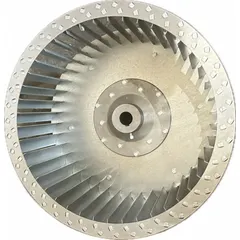 This dual-inlet forward-curved blower wheel has a 22 1/8 in diameter, 22 in width, and 1 9/16 in bore. Constructed with a steel wheel, it supports both clockwise and counterclockwise rotation. Suitable for moving air in HVAC systems, industrial ovens, and ventilation equipment.